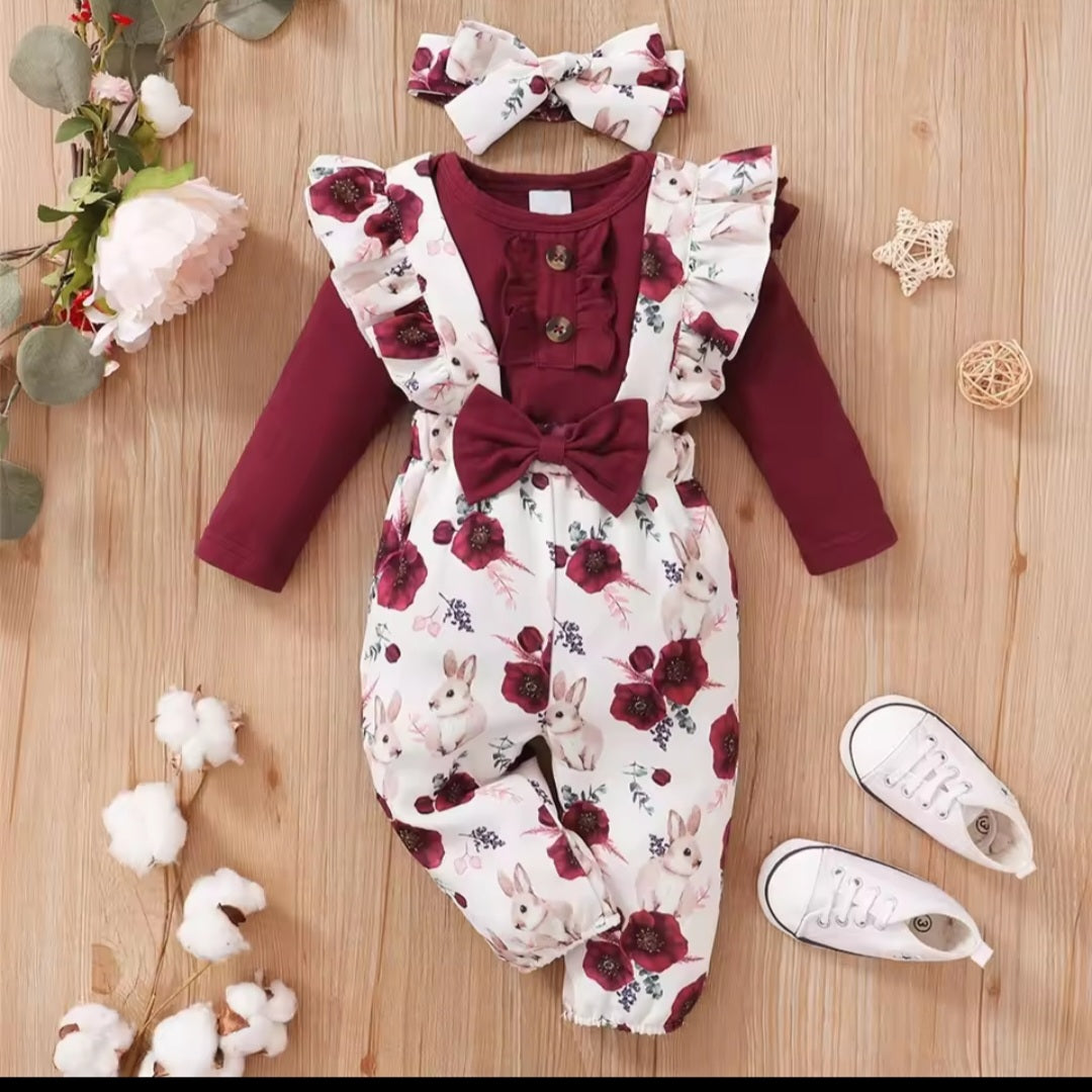 Baby Girl Clothes Set Red Colour Long Sleeves Body Suit + Flower Strap pants 2Pcs Infant Girl 95% Cotton