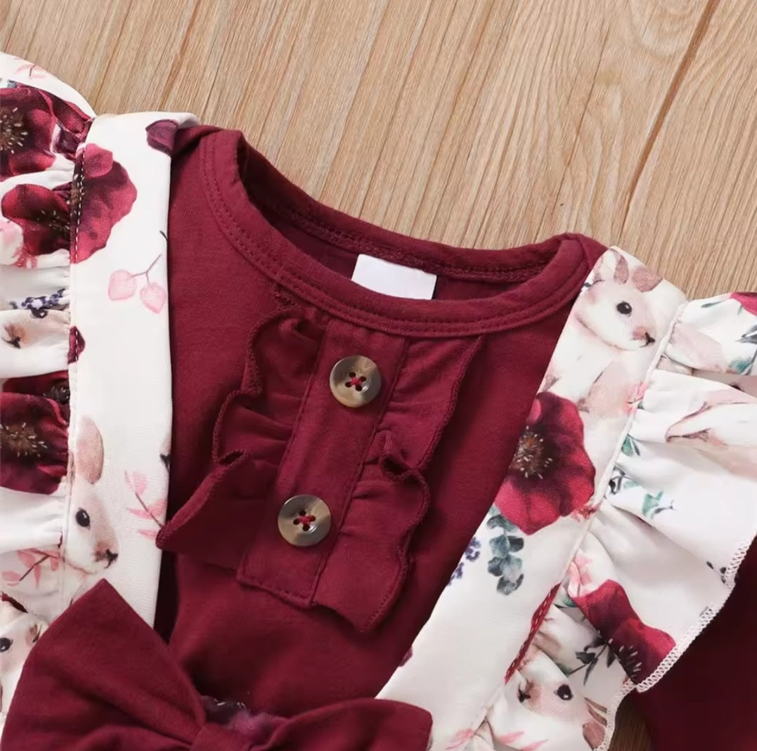 Baby Girl Clothes Set Red Colour Long Sleeves Body Suit + Flower Strap pants 2Pcs Infant Girl 95% Cotton