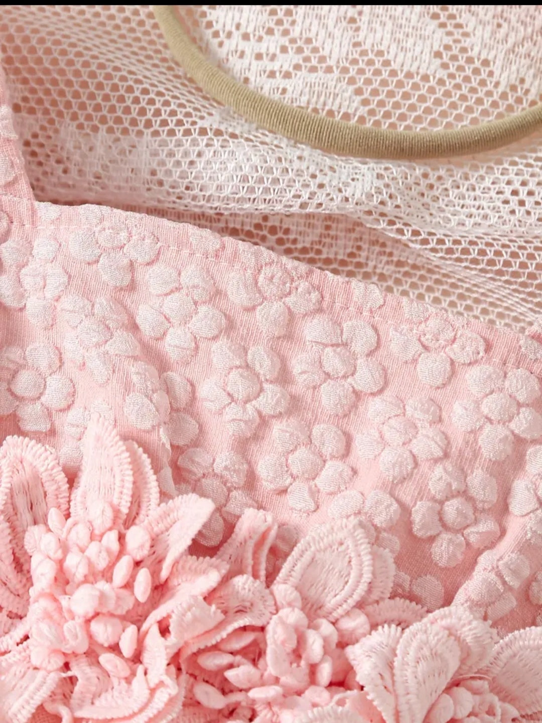 Baby's Elegant Flower Jacquard Princess Triangle Bodysuit, Flower Decor Mesh Splicing Puff Sleeve Romper Dress, Toddler & Infant Girl's Outdoor Onesie For Summer.