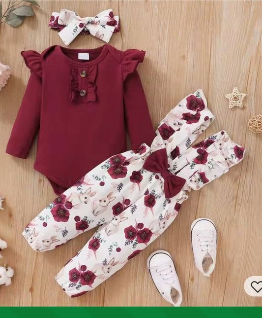 Baby Girl Clothes Set Red Colour Long Sleeves Body Suit + Flower Strap pants 2Pcs Infant Girl 95% Cotton