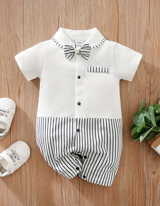 Baby Boys Casual Striped Short Sleeve Lapel Collar Romper Clothes, 100% Cotton