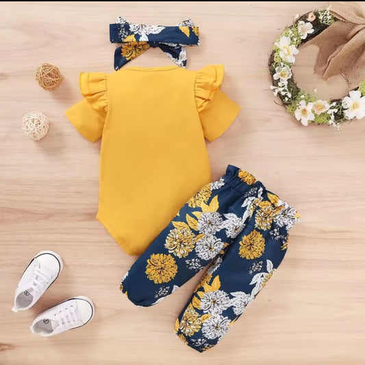 Newborn Baby Girl Clothing Set Infant Girl Short Sleeve bodysuit+Floral Pant with Bow+Headband 3 Pcs Outfit 95% Cotton