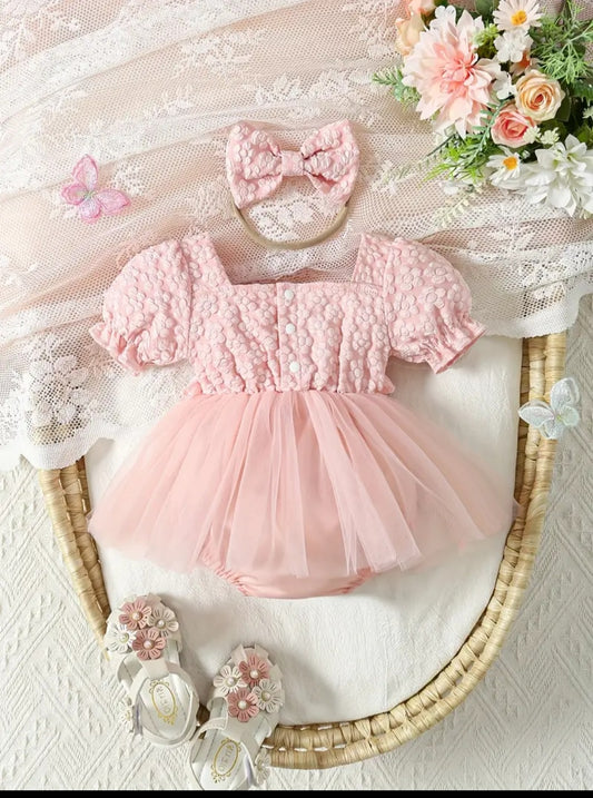 Baby's Elegant Flower Jacquard Princess Triangle Bodysuit, Flower Decor Mesh Splicing Puff Sleeve Romper Dress, Toddler & Infant Girl's Outdoor Onesie For Summer.